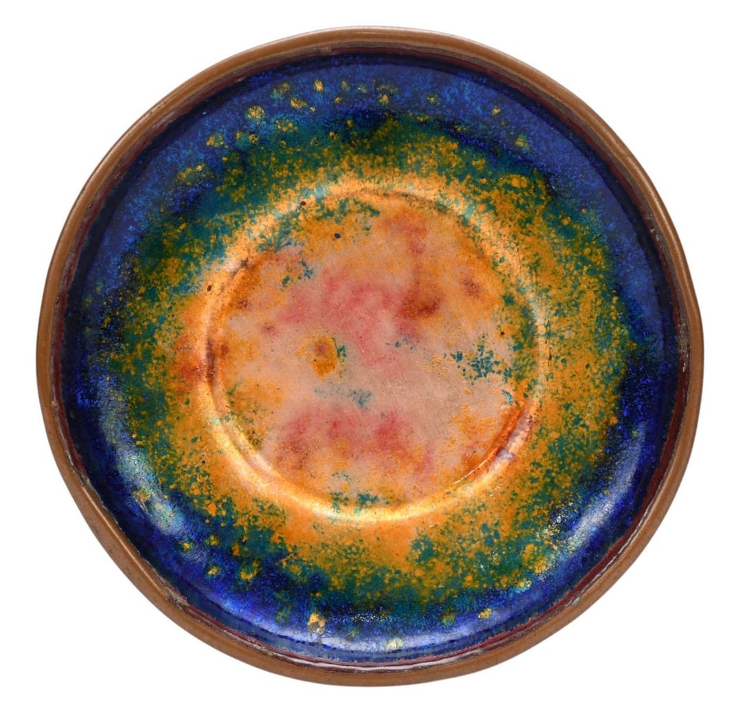 Antique Louis C. Tiffany Furnaces Inc. #306, Copper Dish with Enameling in Multi Colors with Deep: Antique Louis C. Tiffany Furnaces Inc. #306, Copper Dish with Enameling in Multi Colors with Deep Blue Rim, 3/4"h x 6"dia