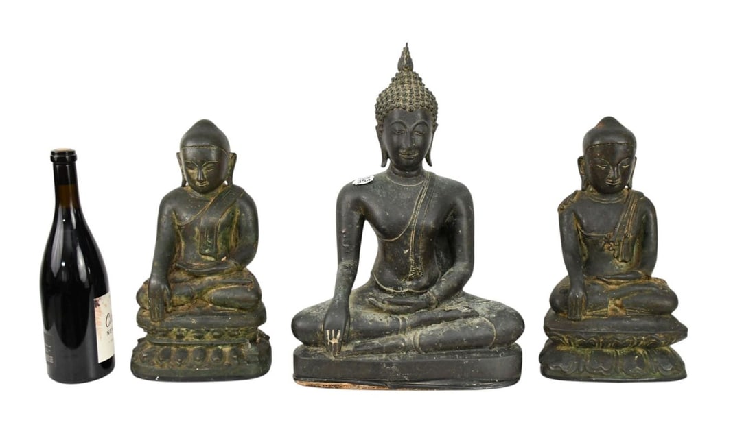 3 Seated Bronze Buddhas, Pair with Lotus Blossoms Base and Largest with hole in foot (17"h x 12"w (1 of 13)