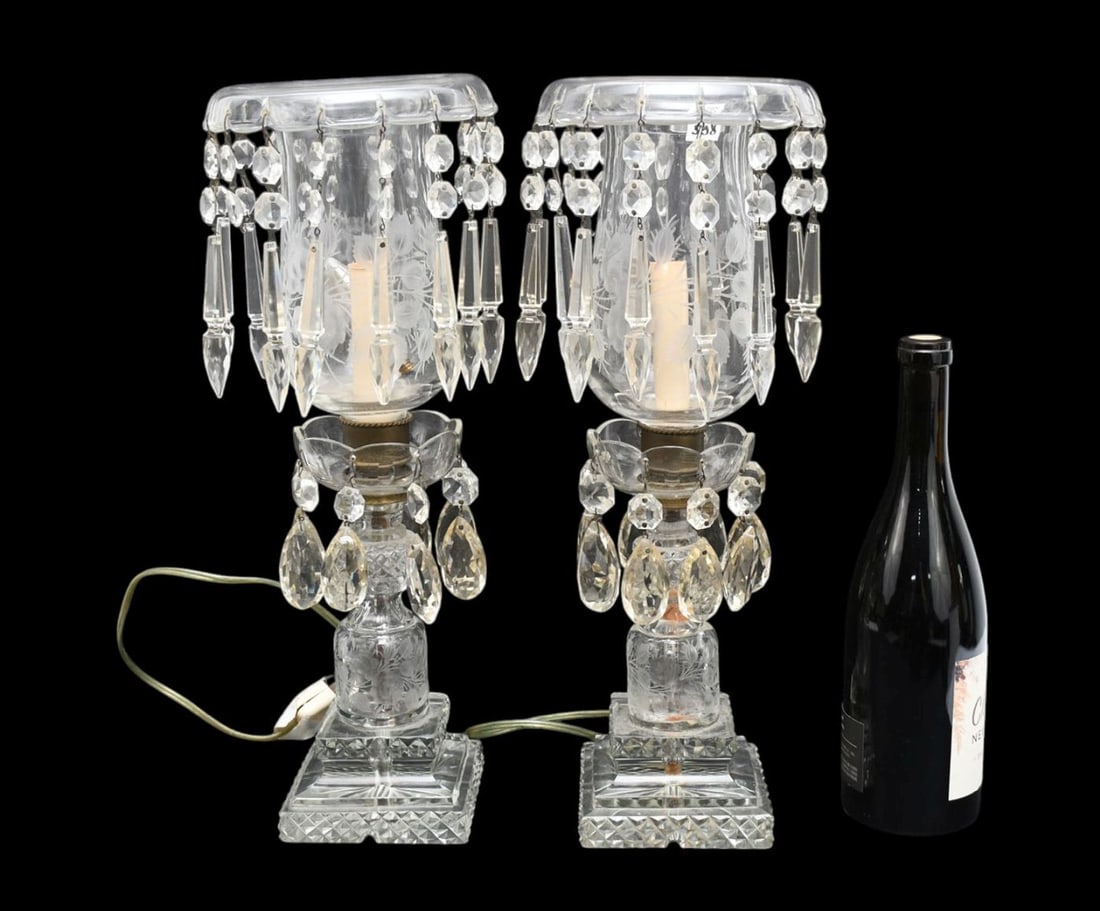 Pair Antique Crystal Lustres, 18"h x 6"w: Pair Antique Crystal Lustres, 18"h x 6"w