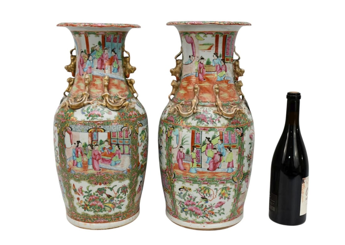Pair Chinese Rose Medallion Porcelain 19th c. Vases, Paneled Scenes with Gilded Lizard Designs & (1 of 10)