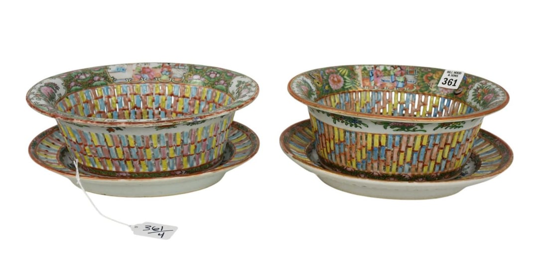 4 Pcs. Chinese Rose Medallion Porcelain Chestnut Bowls (3 1/2"h x 8"w) & Liners (10"L) (1 of 7)