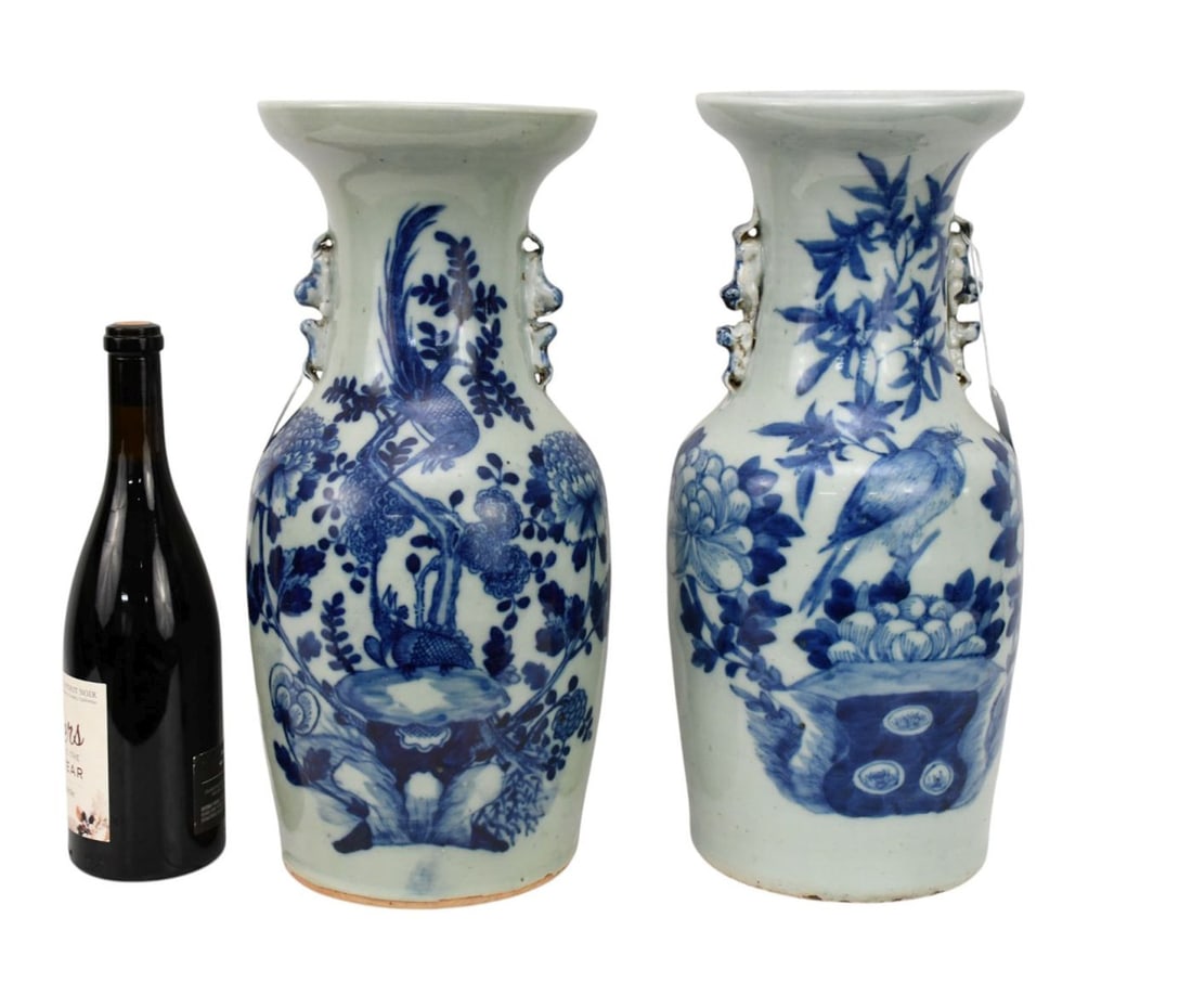 2 Chinese Blue On Celadon Ground Baluster Vases, Birds & Flowers, 16 1/2"h x 7"w: 2 Chinese Blue On Celadon Ground Baluster Vases, Birds & Flowers, 16 1/2"h x 7"w
