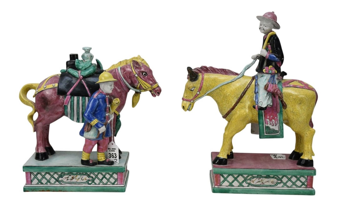 2 Chinese Export Porcelain Pcs. Biscuit Glazed Equestrian Figures, Signed Made in France, 13 1/2"h x (1 of 7)