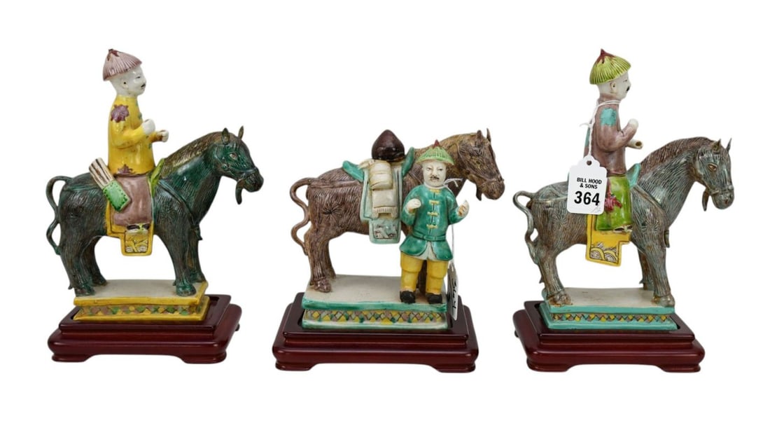 3 Chinese Export Porcelain Pcs. Biscuit Glazed Equestrian Figures on Custom Stands, 8 1/2"h x 6 (1 of 8)