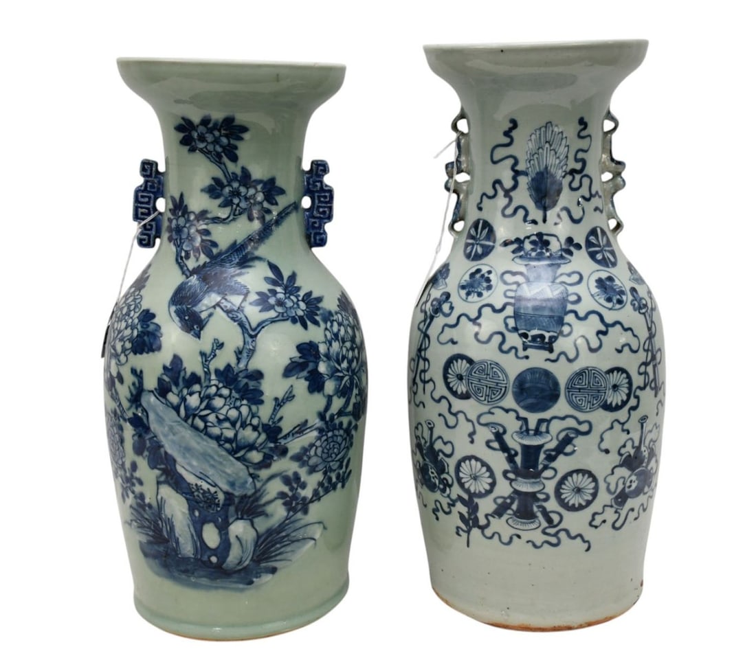 2 Chinese Blue on Celadon Ground Baluster Vases, One with Birds & Flowers, One with Auspicious: 2 Chinese Blue on Celadon Ground Baluster Vases, One with Birds & Flowers, One with Auspicious Buddhist Symbols, 17"h x 8"w