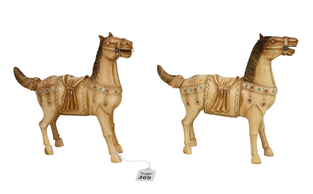 Pr. Chinese Carved & Jeweled Horses. 8 tall x 9 inches wide. (1 of 5)