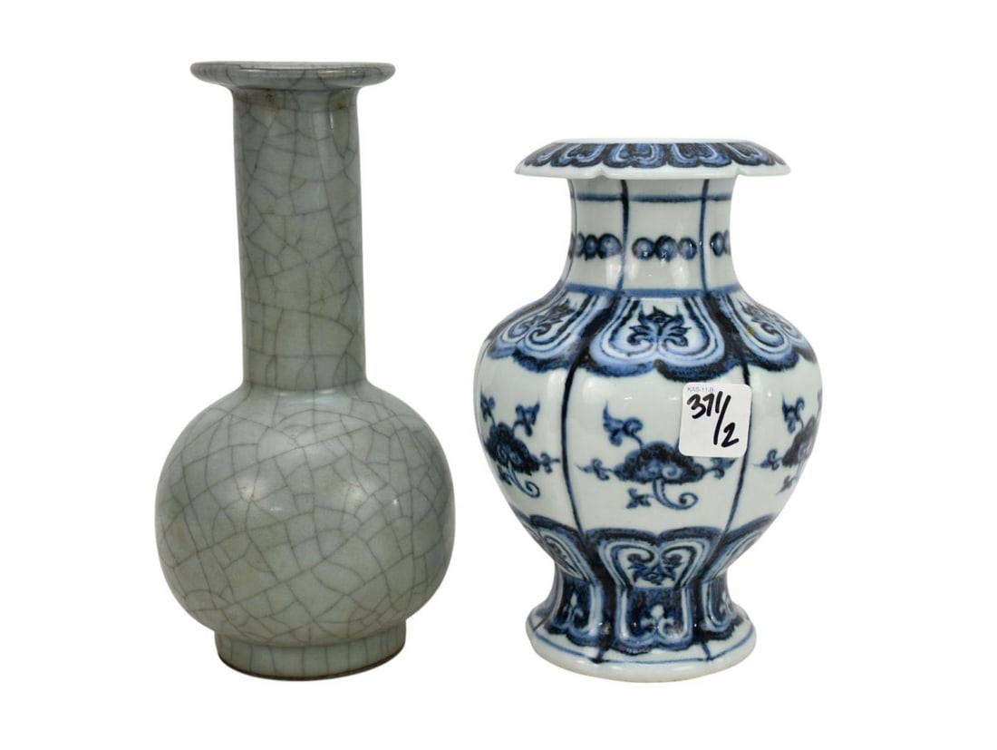 2 Chinese Porcelain Vases, One Chines Ge-Ware Style with Crackle Glaze AND Blue & White Pomegranate (1 of 6)