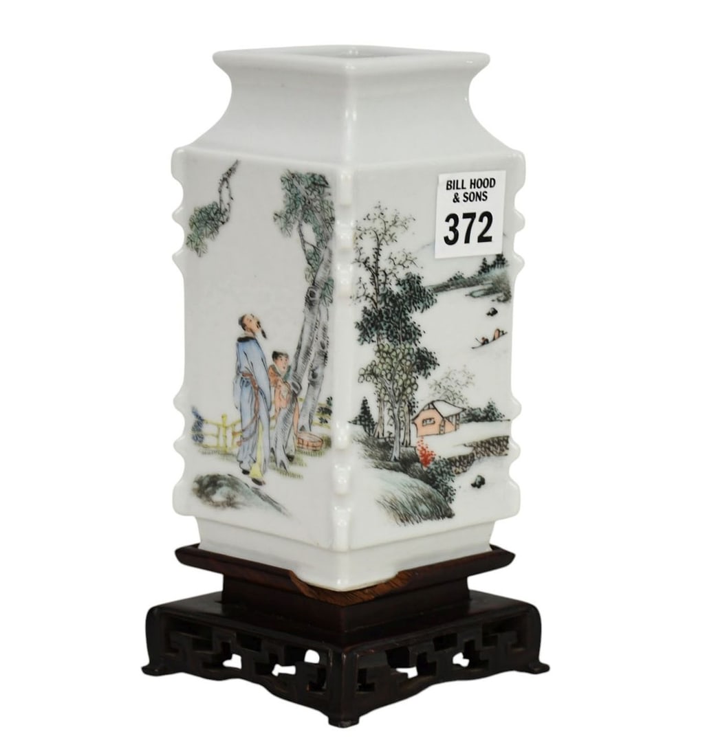 Chinese Porcelain Cong Vase, Decorated in Qianjiang Style Enameling Depicting Traditional Figures &: Chinese Porcelain Cong Vase, Decorated in Qianjiang Style Enameling Depicting Traditional Figures & Landscape Scenes, 6"H x 5"w