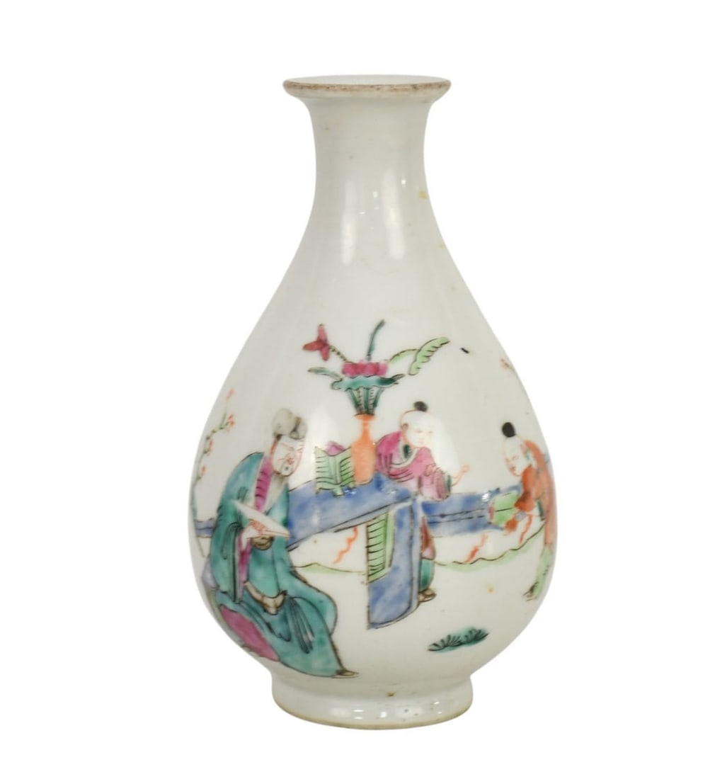 Small Chinese Porcelain Vase in Famille Rose Style From Qing Period, Pear Shape Depicting Pinks,: Small Chinese Porcelain Vase in Famille Rose Style From Qing Period, Pear Shape Depicting Pinks, Greens & Blues of Scholars & Figures, 6"h x 4"w