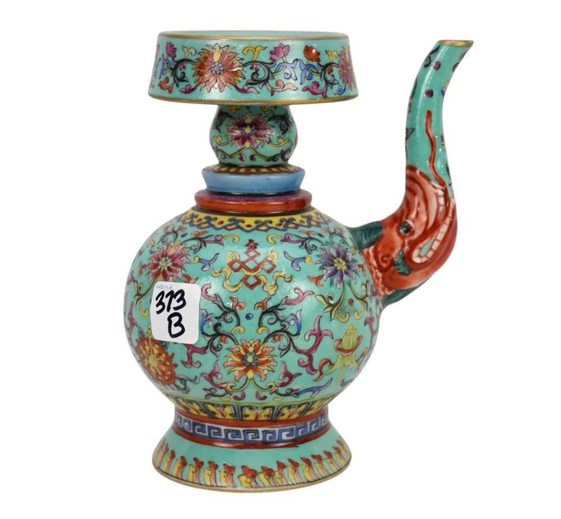 Chinese Porcelain Benba Ewer, Turquoise Ground Painted With Rich Famille Rose Enamels with Spout (1 of 10)