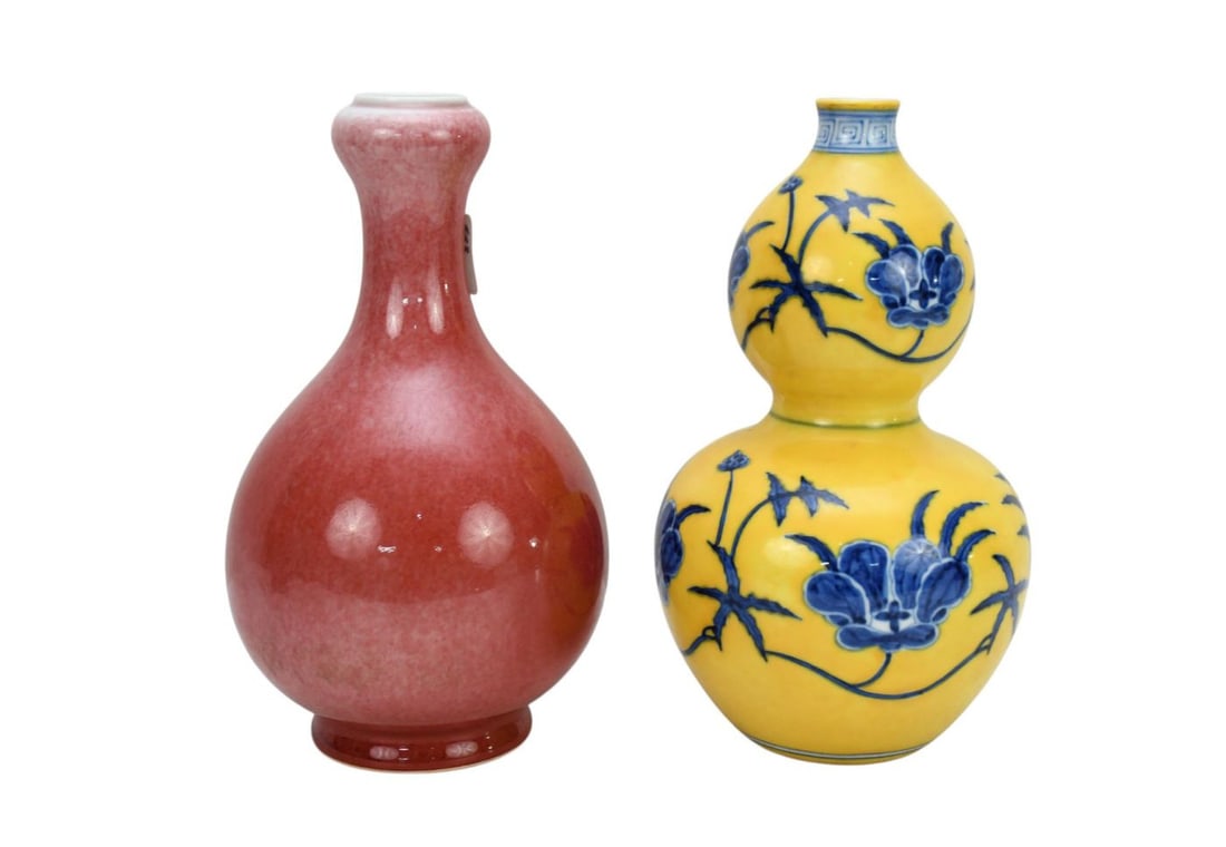 2 Chinese Porcelain Vases, Peach Bloom Glazed Suantouping (Garlic Mouth) Design (8"h x 5"w) AND (1 of 6)