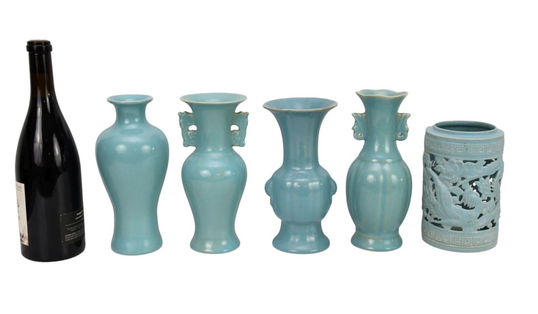 5 Chinese Porcelain Pcs, 4 Vases with Sky Blue Gloss & Subtle Surface Crazing, Tallest 9 1/4"h x 4"w (1 of 9)