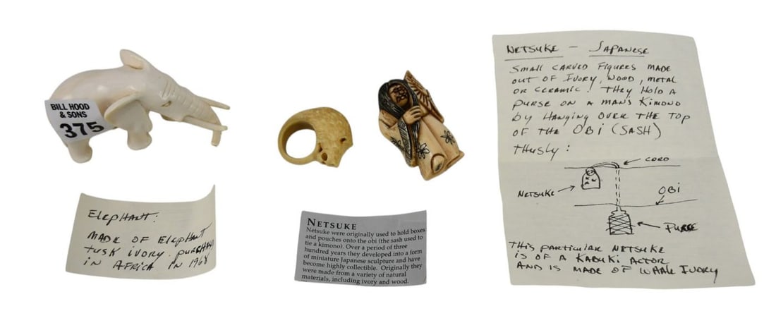 3 Antique Chinese & Japanese Novelty/Netsuke Items, Carved Elephant (2"h x 3 1/2"w) Kabuki Figure: 3 Antique Chinese & Japanese Novelty/Netsuke Items, Carved Elephant (2"h x 3 1/2"w) Kabuki Figure with Rotating Head and Ring with Animal Head