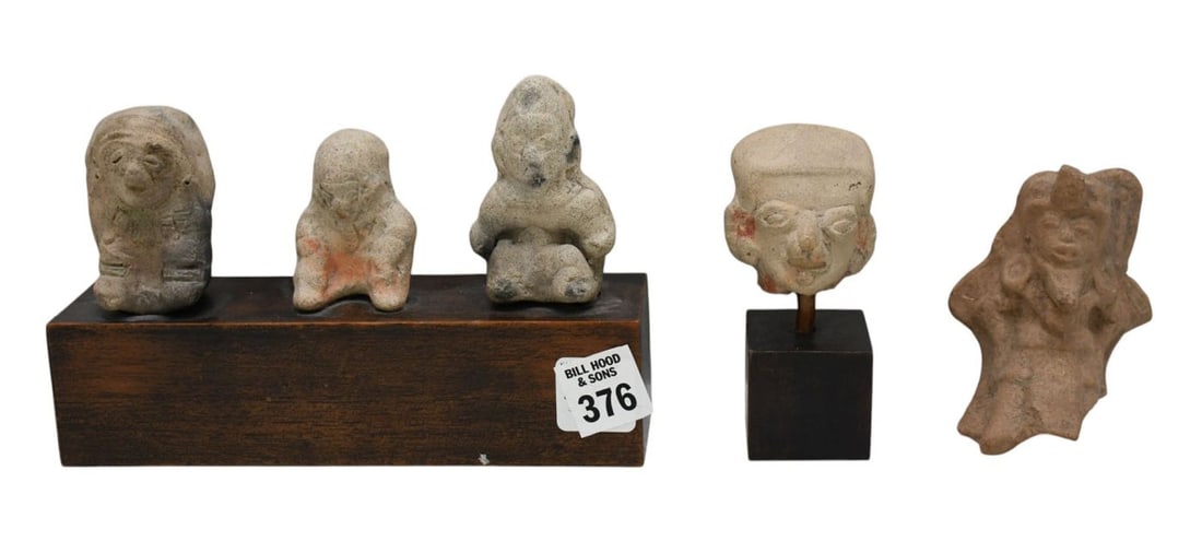 Pre-Columbian Clay Figures, 3 Attached to Single Wood Base, 5"h x 7 1/2"w x 2"d (1 of 4)