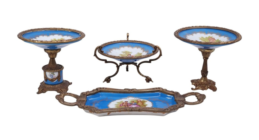 4 Pcs. French Porcelain Sevres Style Pcs. with Gilt Metal Mounts, 3 Compotes & Tray, 20th c, Tallest (1 of 13)