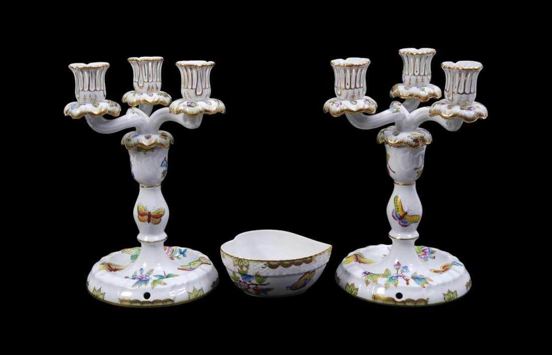 3 Pcs. Herend Porcelain, Pair 3 Branch Candelabra (9"h x 7"w) & Small Bowl (1 of 7)