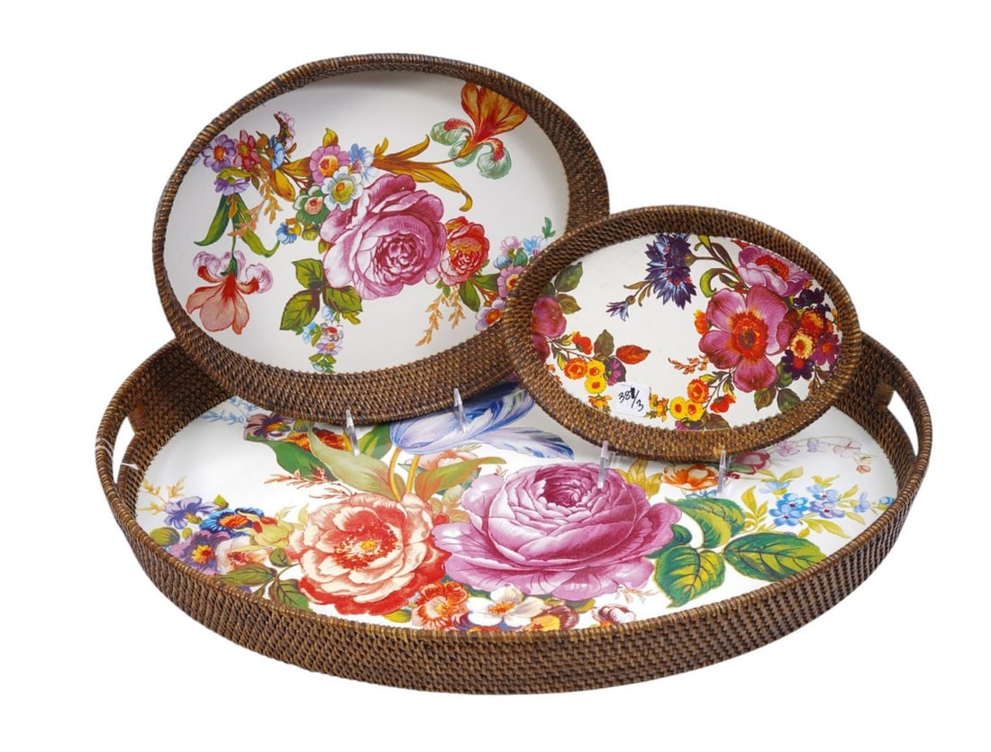 3 Graduated Mackenzie Childs Serving Trays, Floral Design with Wicker Frames, Largest 3"h x 25"w x (1 of 7)