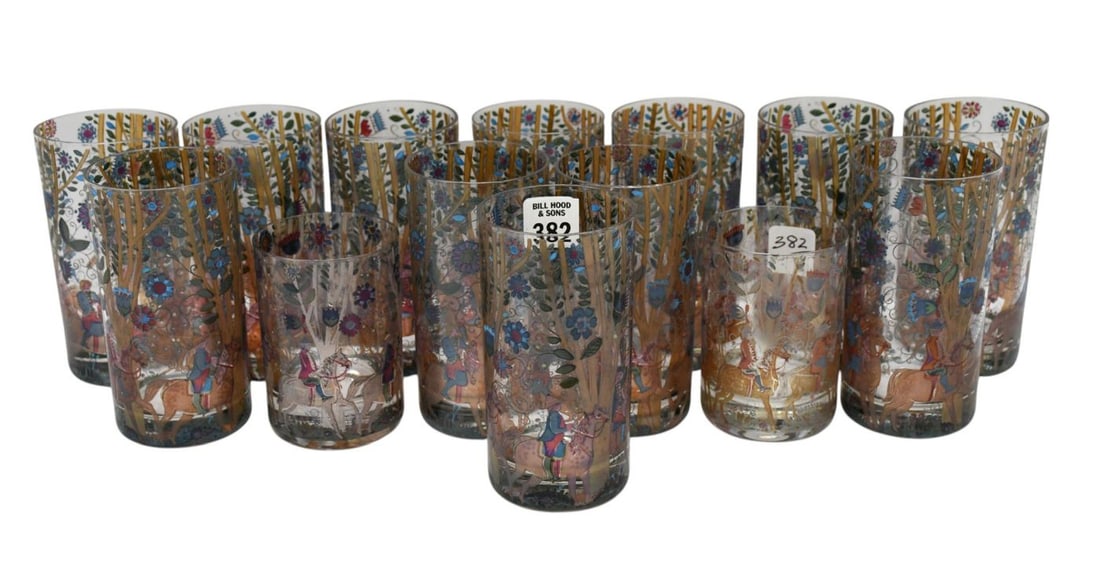 12 Kurt Hammer (For Saks Fifth Ave) Tumblers & 2 Smaller Glasses, Fantastical Horse & Riders Motif (1 of 12)