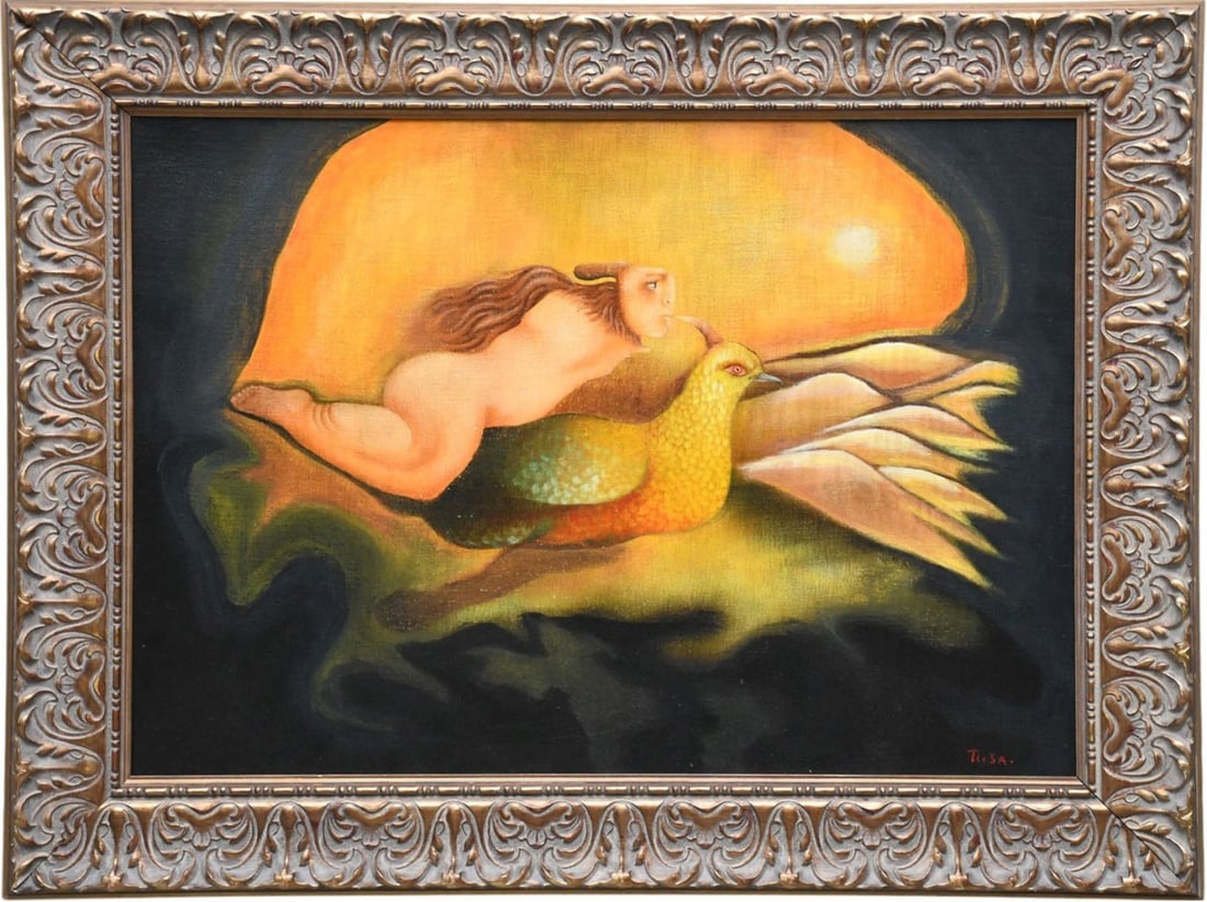 Attributed to Tilsa Tsuchiya, oil on canvas, 21 x 28 3/4 inches. Abstract Modernist Lady and bird: Attributed to Tilsa Tsuchiya, oil on canvas, 21 x 28 3/4 inches. Abstract Modernist Lady and bird flying