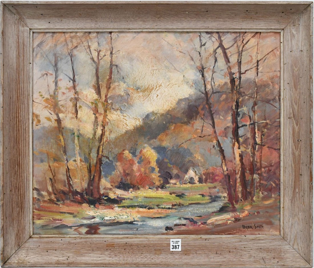 Derk Smit (American, 1889-1985) oil on artist board, Landscape , Autumn Tree's by River. 20 x 24 (1 of 4)