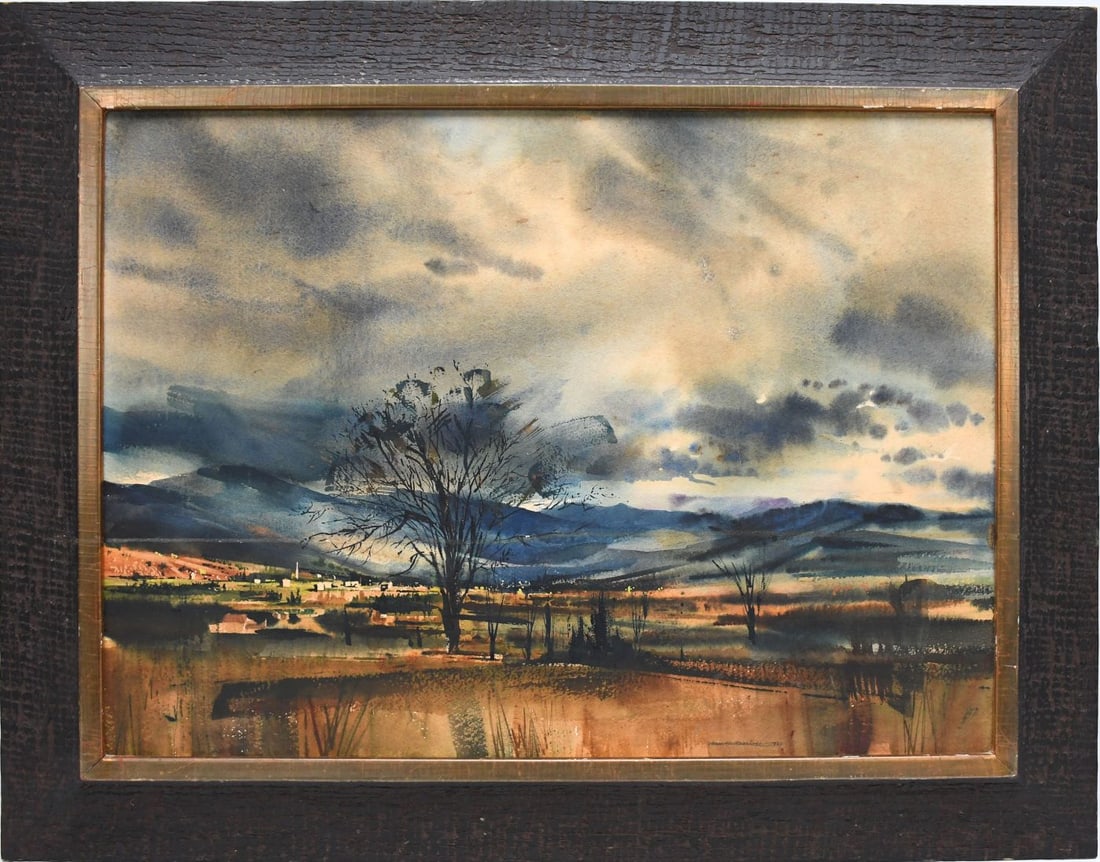Mae Henriksen Bertoni (American, B. 1929) Watercolor- mountain town storm approaching, sheet size (1 of 5)