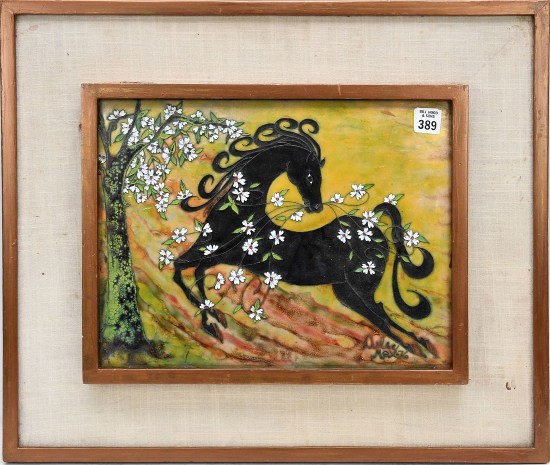 Mexican Enamel Plaque of a Horse, signed D.? '76. 11 x 14 inches. overall 19 x 22 inches.: Mexican Enamel Plaque of a Horse, signed D.? '76. 11 x 14 inches. overall 19 x 22 inches.