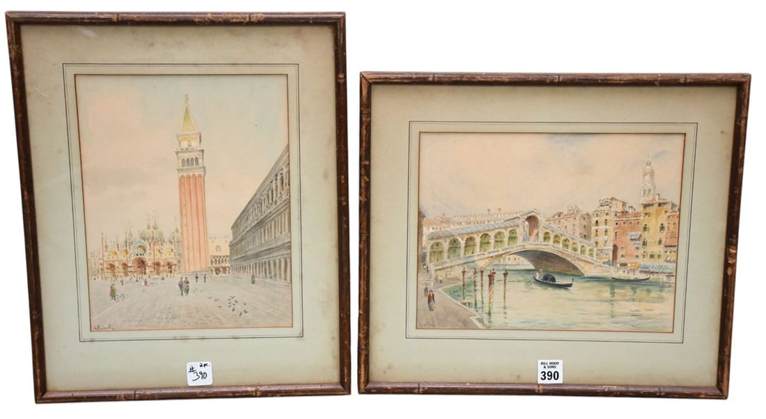 2 Venetian Watercolors one Carlini grand canal Bridge, and G. Meinella St. Marks Square. sight size (1 of 6)