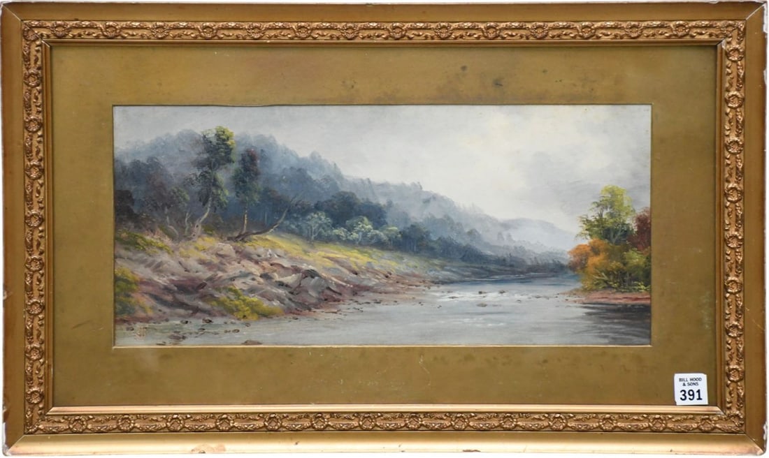 Antique gouache on paper river bank Landscape Scene, 8-1/4 x 17-3/4 inches. overall framed size (1 of 5)