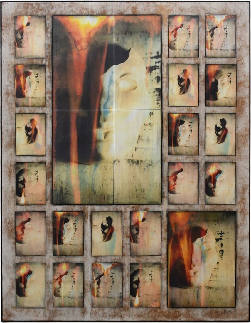 Artist: Signed MUNZ? Contemporary abstract mixed-media, incorporating cultural and spiritual motifs: Artist: Signed MUNZ? Contemporary abstract mixed-media, incorporating cultural and spiritual motifs with rich warm tones, russet, and maroon hues. Features a subtle close-up portrait of a face (often 