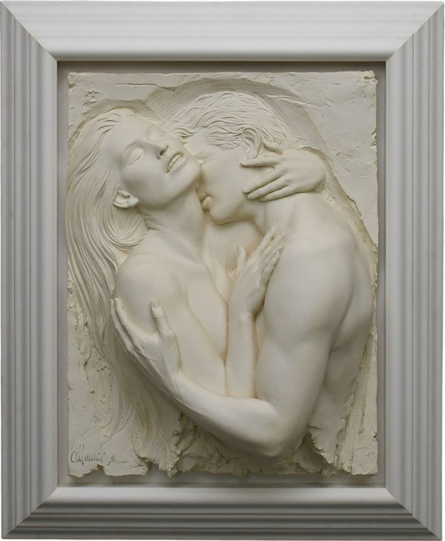 Bill Mack (American b. 1949) Bonded sand relief sculpture, Embrace- detailed white bonded sand: Bill Mack (American b. 1949) Bonded sand relief sculpture, Embrace- detailed white bonded sand relief sculpture of an intimate couple by artist Bill Mack signed lower left edition 44/95. Sculpture 32 