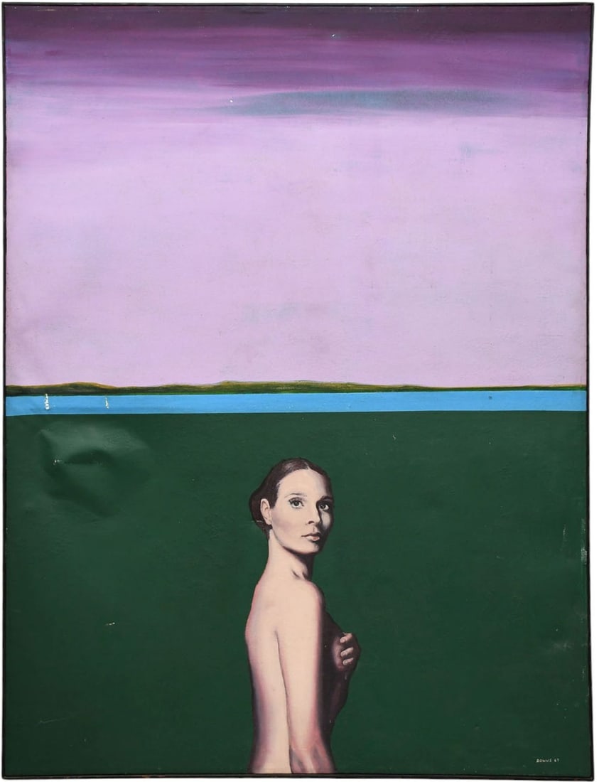 Lg. Oil Painting on canvas, upper sky divided by a little blue water and lower section has woman: Lg. Oil Painting on canvas, upper sky divided by a little blue water and lower section has woman profile portrait. overall size 63-1/4 x 48 inches. signed Downs'69.