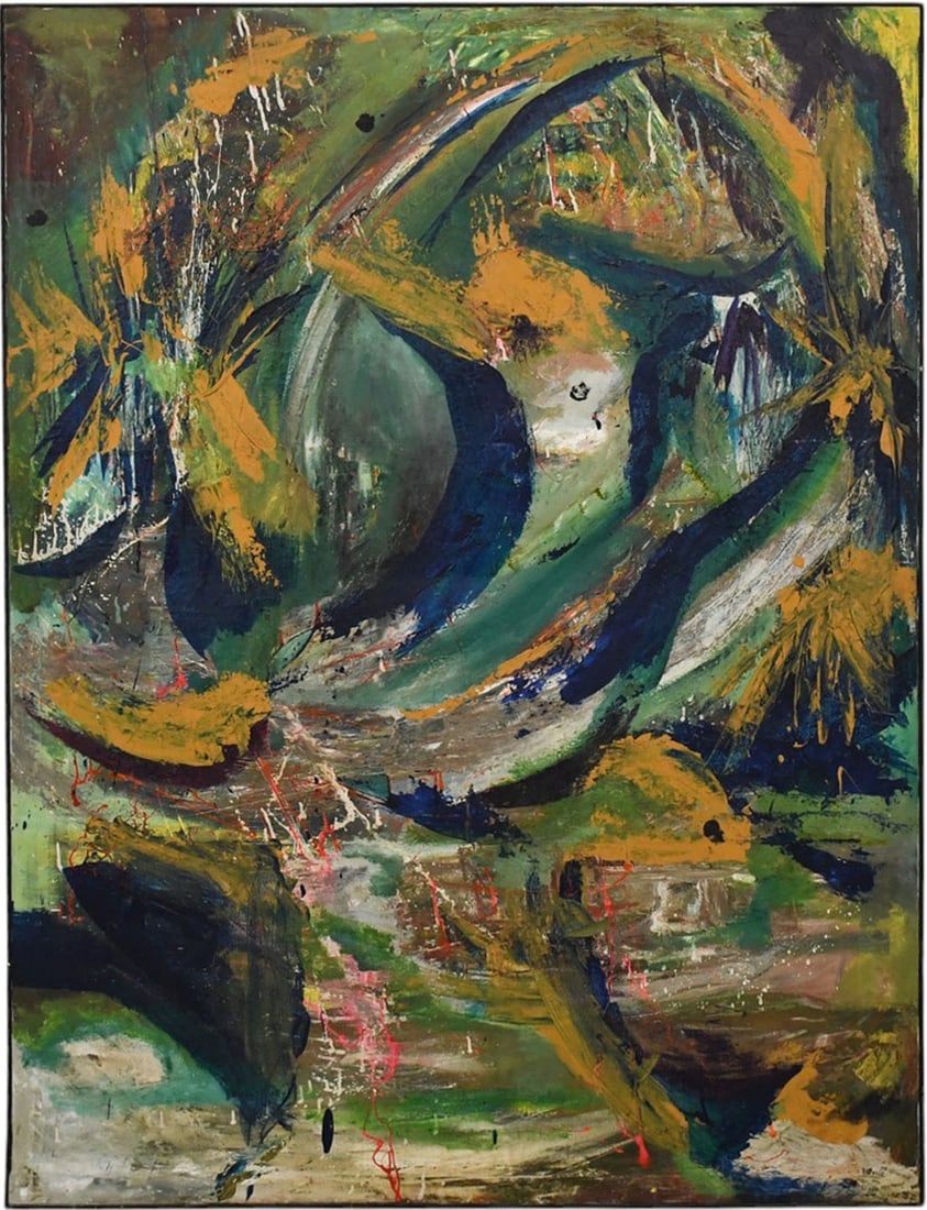 Large Abstract Oil on Canvas, 70 x 51 inches. Signed Estelle '70. Predominately Blues Green &: Large Abstract Oil on Canvas, 70 x 51 inches. Signed Estelle '70. Predominately Blues Green & Browns.