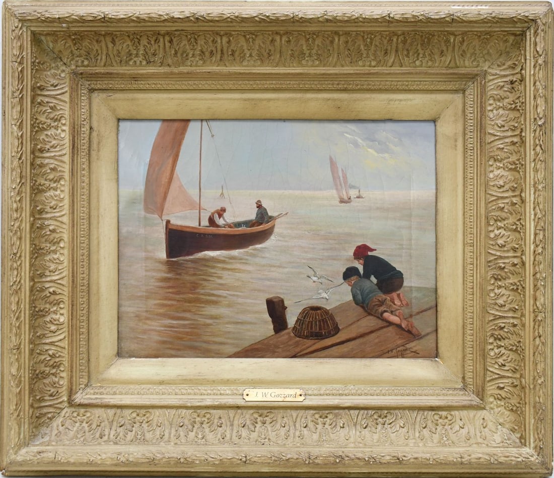 James Walter Gozzard (English, 1862-1939) Oil on canvas, little fisherman boys on the dock playing, (1 of 7)