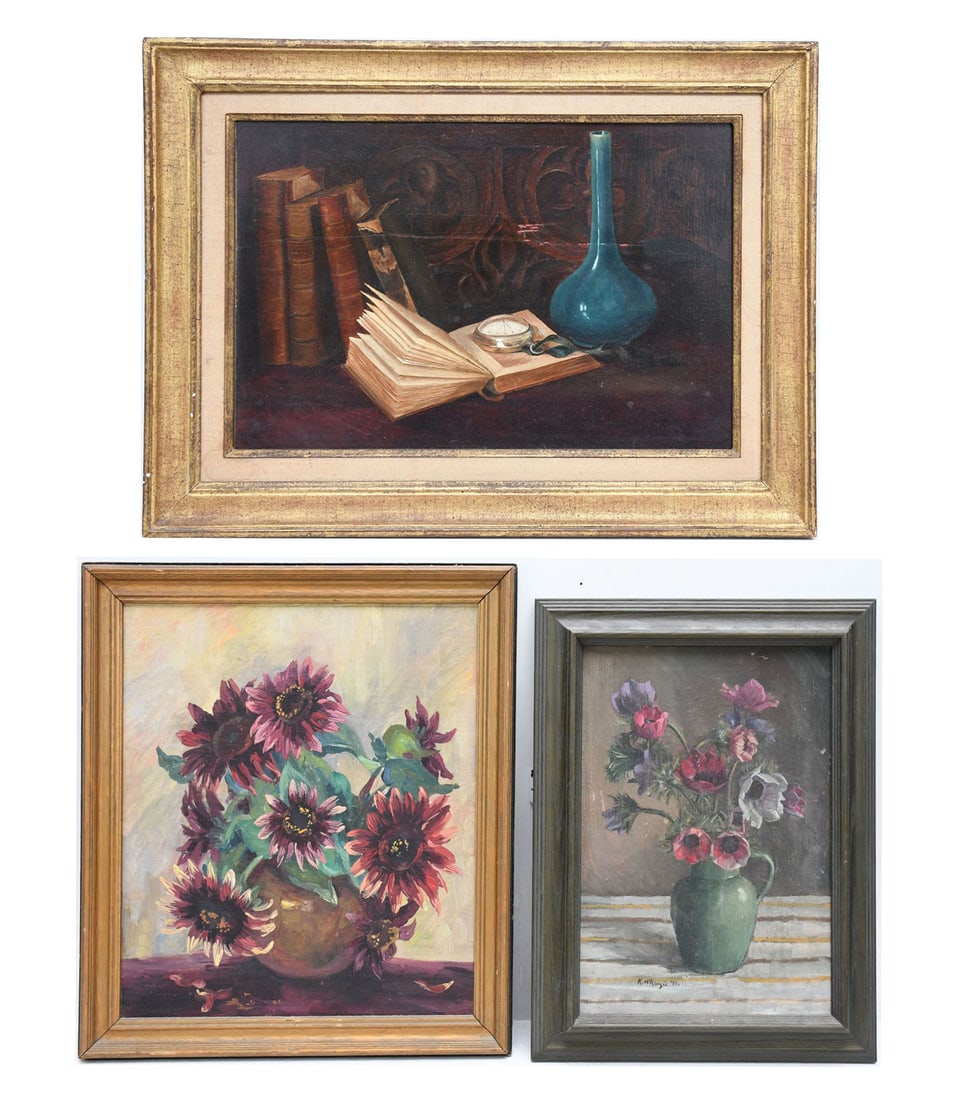 3 Still life Paintings sold together: (1) Small still life flowers- oil on canvas mounted on board: 3 Still life Paintings sold together: (1) Small still life flowers- oil on canvas mounted on board overall frame size 18 1/2 x 16 1/2” (2) Still like flowers in a green vase oil on canvas sign K