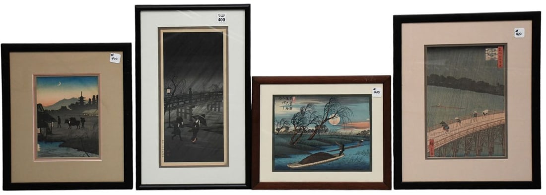 Four Japanese wood block prints sold together: (1) Utagawa Hiroshige. "Seba" (Station 32) from the (1 of 13)