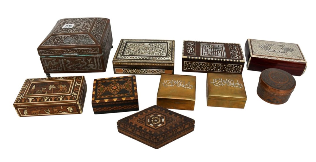 10 Table Boxes, Most With Mother of Pearl Inlay, Largest 5 1/2"h x 7"square (one foot missing) (1 of 7)
