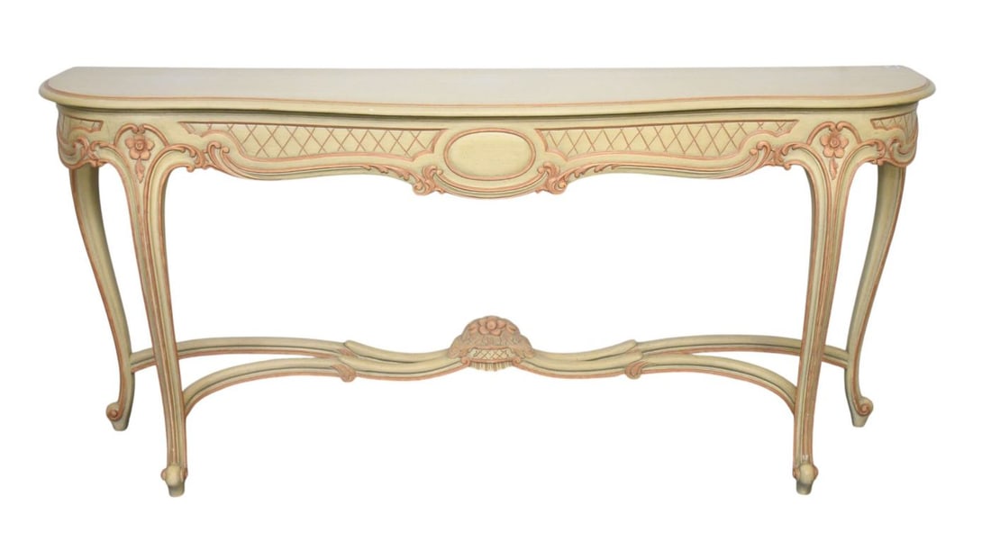 Vintage 1980's Painted Console with Stretcher Base, Decorative Peach Color Accents, 33"h x 68"w x (1 of 3)
