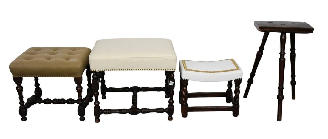4 pieces: 3 Antique Stools With Turned Legs, 19th c. And Antique 3 Legged Stool, Tallest 26", Widest (1 of 11)