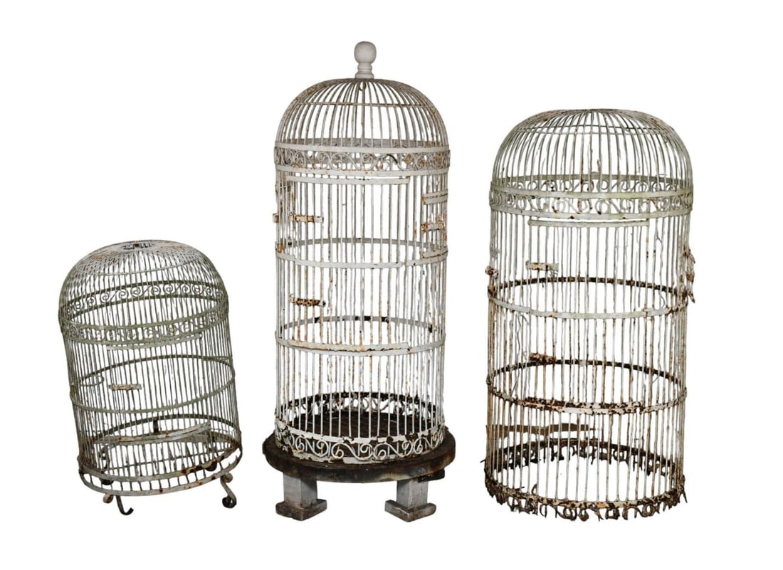 3 Oversized Rusty Garden Bird Cages, Graduated Sizes, Very AS IS, Largest on Unattached Base 59"H x (1 of 6)