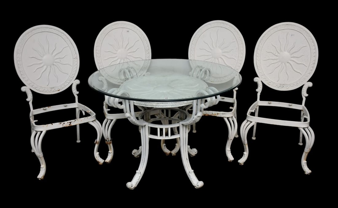 Vintage Patio Set, Table & 4 Chairs, Iron & Wood with Round Beveled Glass Top, 30"H x 42"dia glass (1 of 10)