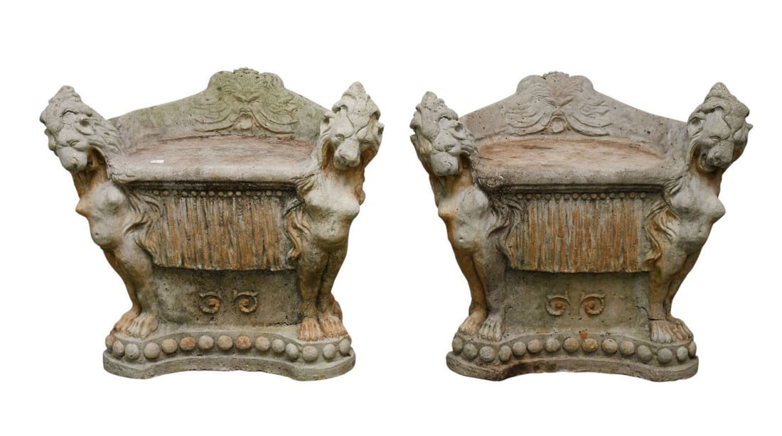 Pair Vintage Cement Garden Seats with Winged Lion Motif, 22"h x 24"w (1 of 8)