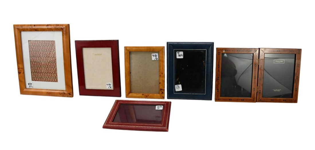 Lot of Picture Frames, 2 Leather, 2 Burled Wood Veneer and 2 Inlaid, Largest 12" x 10" overall (1 of 5)