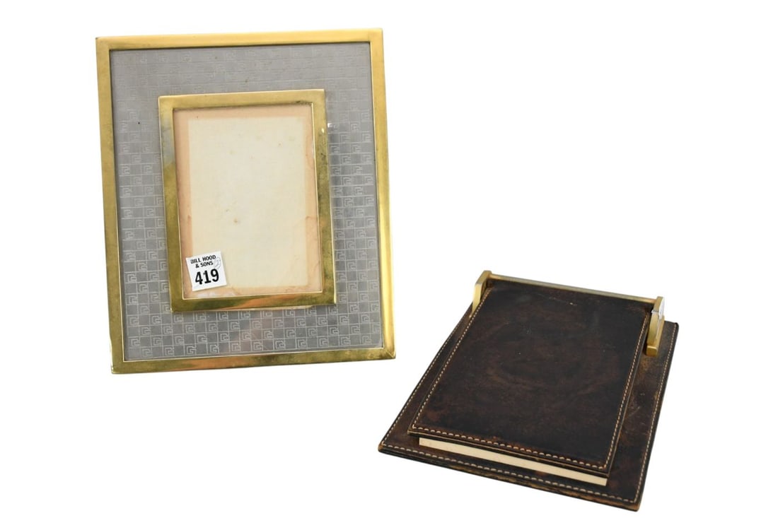 2 Vintage GUCCI Italian Pcs, Picture Frame (9 3/4"h x 8 1/4"w) AND Leather with Brass Notepad Holder: 2 Vintage GUCCI Italian Pcs, Picture Frame (9 3/4"h x 8 1/4"w) AND Leather with Brass Notepad Holder