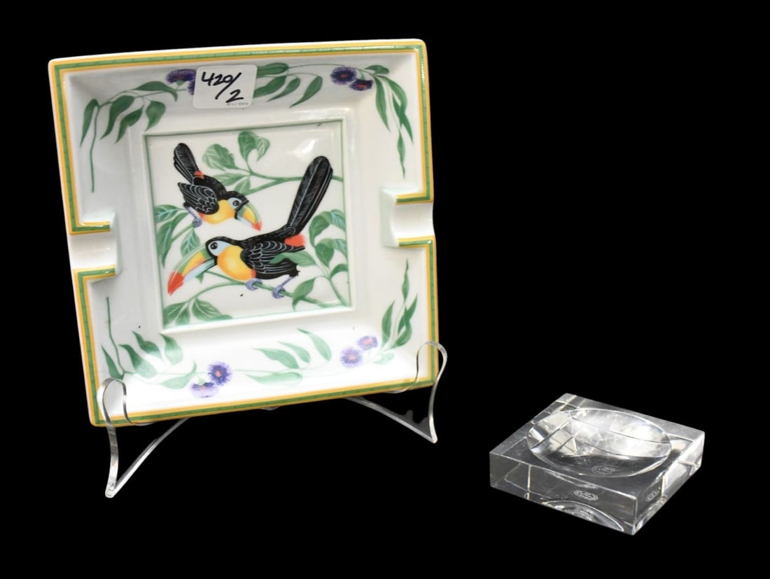 Hermes Porcelain Ashtray Depicting Toucan Birds (6 1/4"square) AND Baccarat Crystal Stand For Orb, (1 of 6)