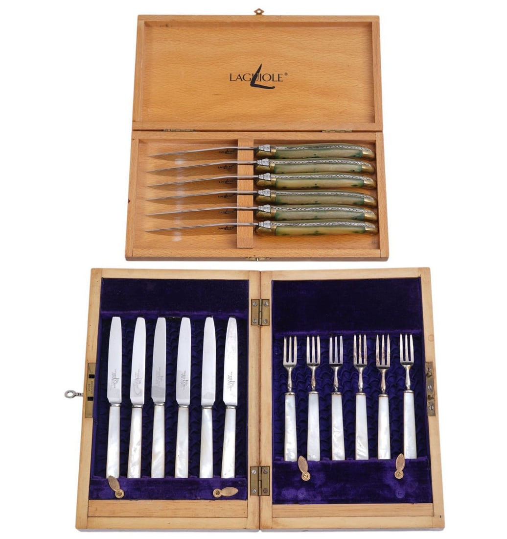Antique Cutlery Set with Mother of Pearl Handles, Walker & Hall Sheffield AND 6 pc. Laguiole de (1 of 8)