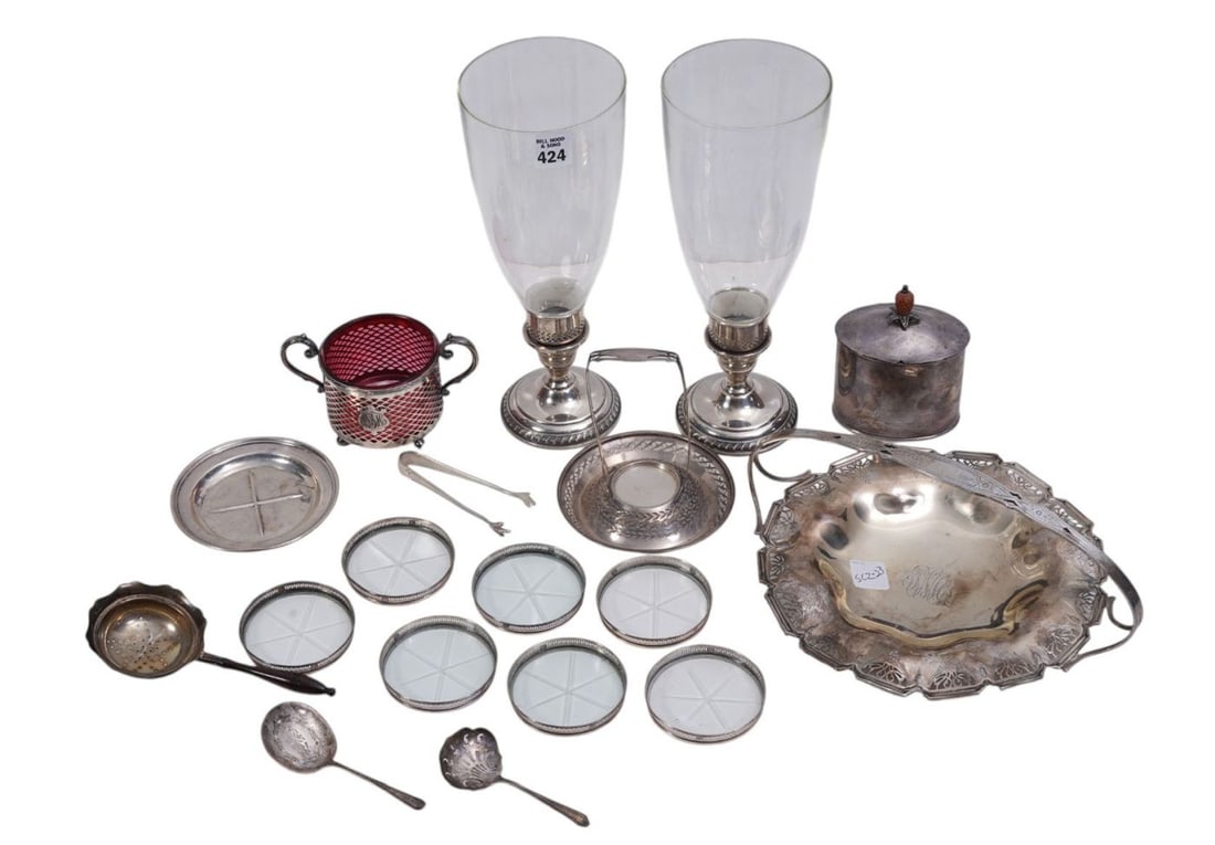 Large Lot of Sterling Silver Tablewares, incl; 7 Glass Coasters, Tea Caddy, Pair Weighted Hurricane (1 of 8)