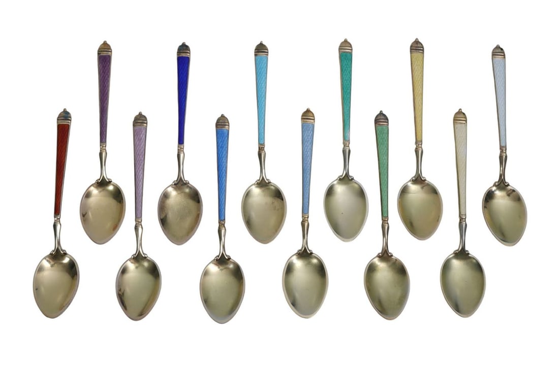 12 Sterling Silver Demitasse Spoons with Enameling and Vermeil Wash: 12 Sterling Silver Demitasse Spoons with Enameling and Vermeil Wash