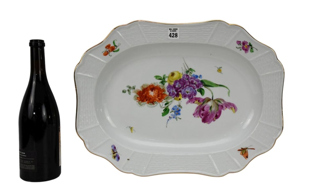 Meissen Porcelain Platter with Floral Center and Gold Rim Accent, 2"h x 18" x 13 1/2" (1 of 4)