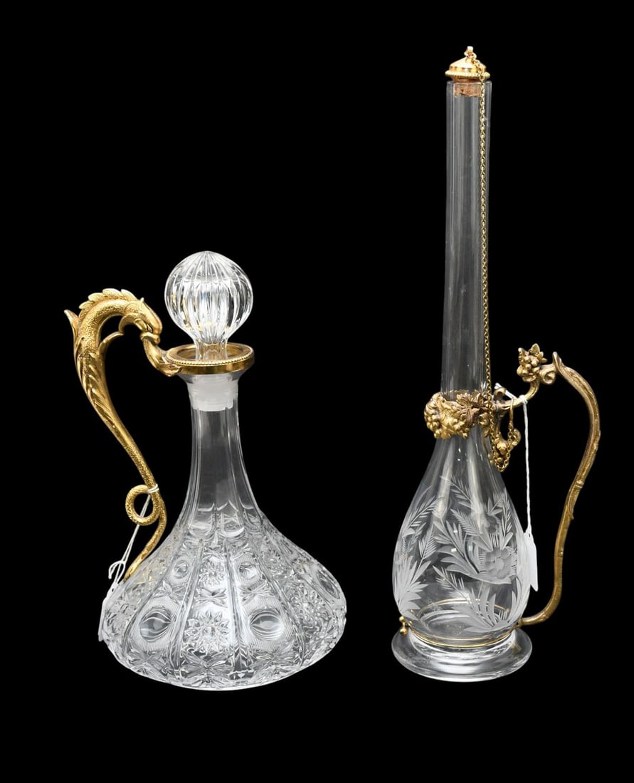 2 Crystal Pcs. Bohemian Claret Decanter with Gilt Metal Stylized Dragon Handle AND Art Nouveau Style (1 of 6)