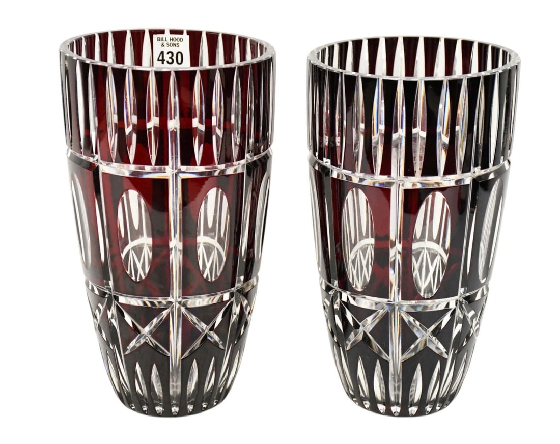 Pair Bohemian Glass Vases, Ruby Cut to Clear, 10"h x 5 3/4"dia (1 of 4)